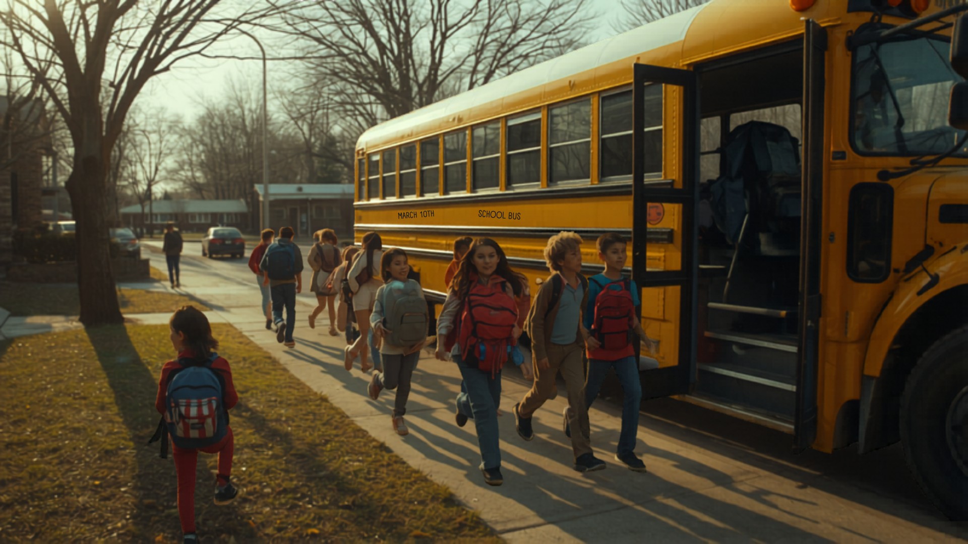 Students boarding school buses